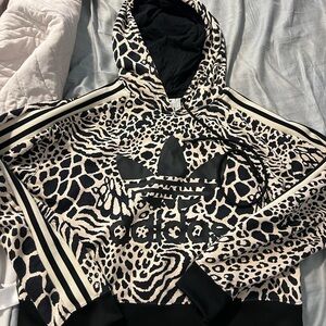 Adidas Cropped Black and Cream Animal Patterned Hoodie